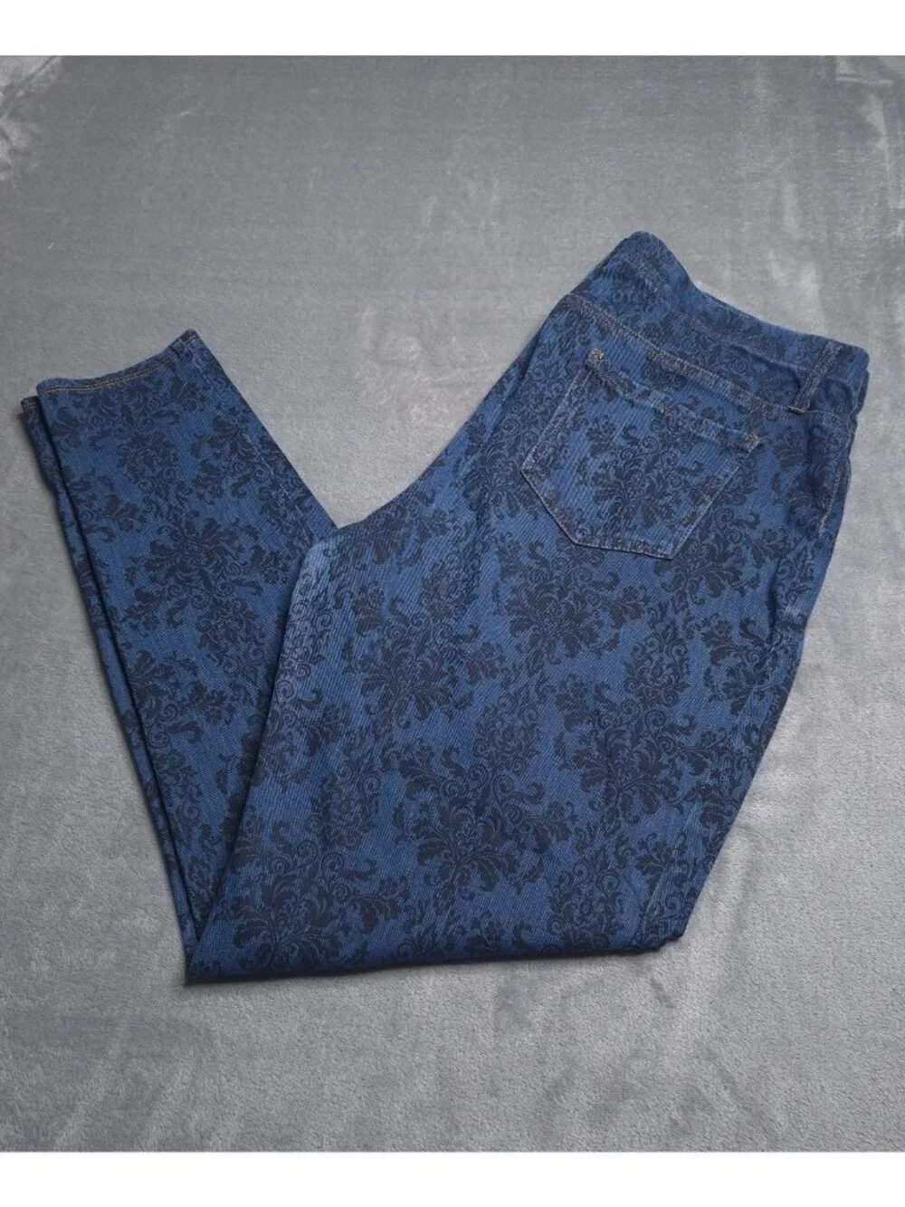 Faded Glory Womens Skinny Fit Pants Pull On XL Blue Damask Print Stretch